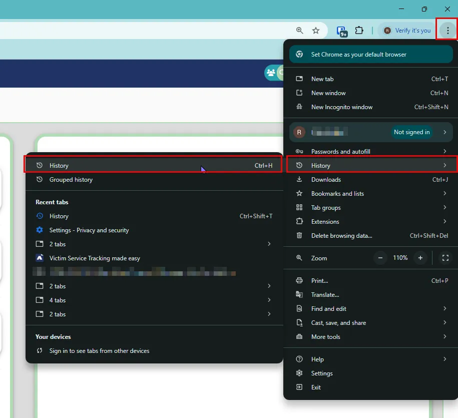 Google Chrome menu showing the three-dot button and the History option