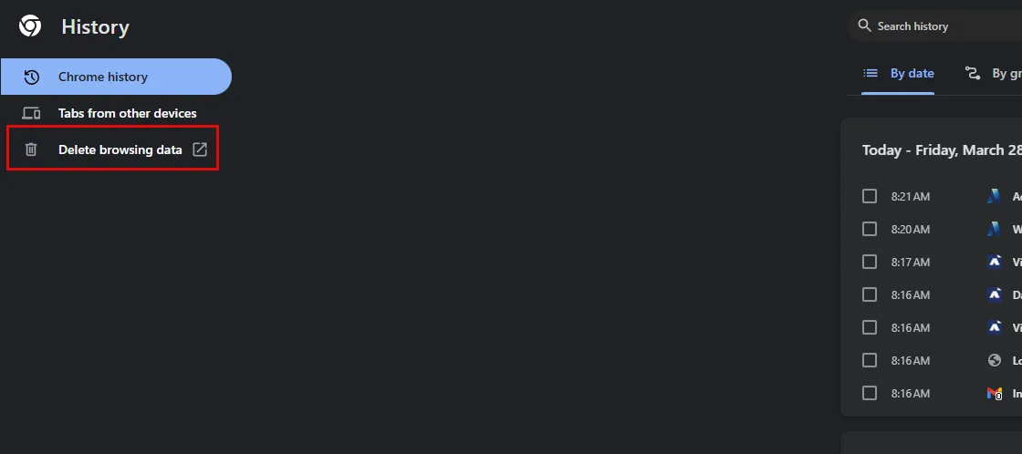 Chrome History window with Delete browsing data in the left sidebar