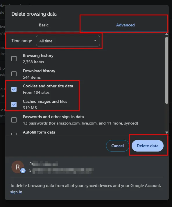 Chrome Delete browsing data dialog on the Advanced tab