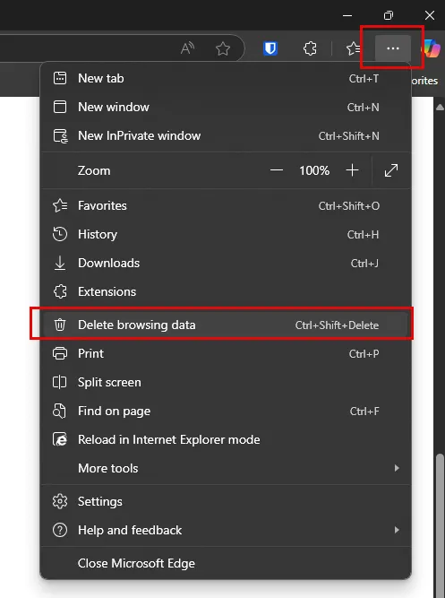 Microsoft Edge menu with Delete browsing data highlighted