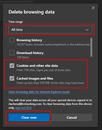 Edge Clear browsing data dialog with the time range and checkboxes