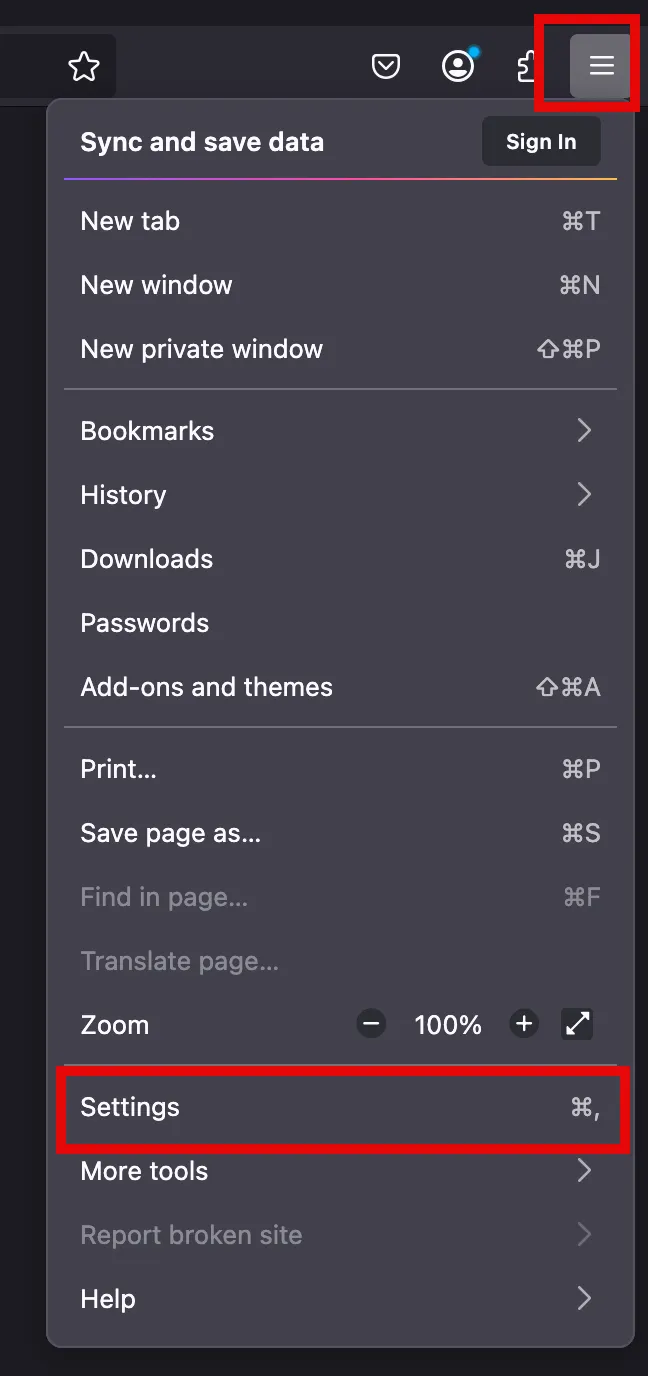 Firefox hamburger menu with the Settings option