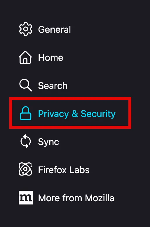 Firefox Settings screen with the Privacy & Security section