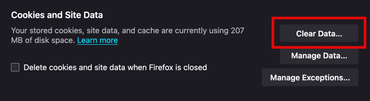 Firefox Cookies and Site Data section with the Clear Data button