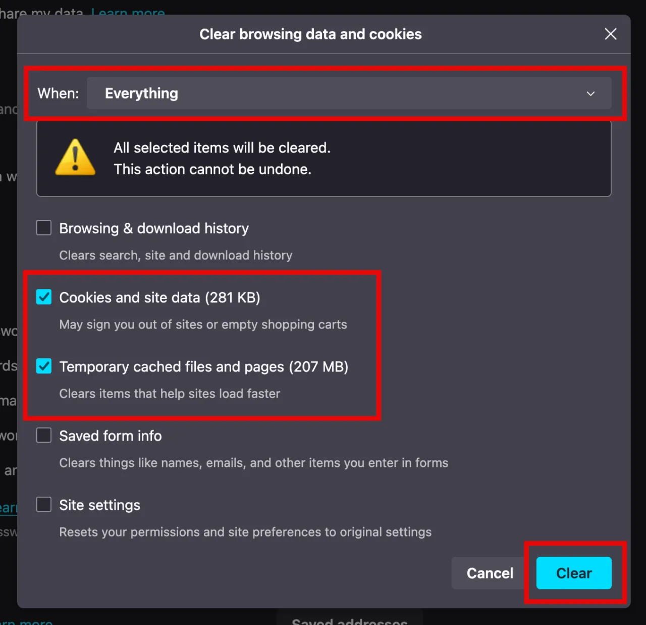 Firefox Clear Data pop-up with the Everything range and checkboxes