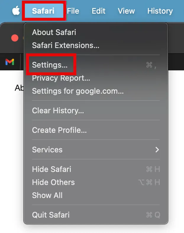 Safari menu bar with the Safari menu and Settings option