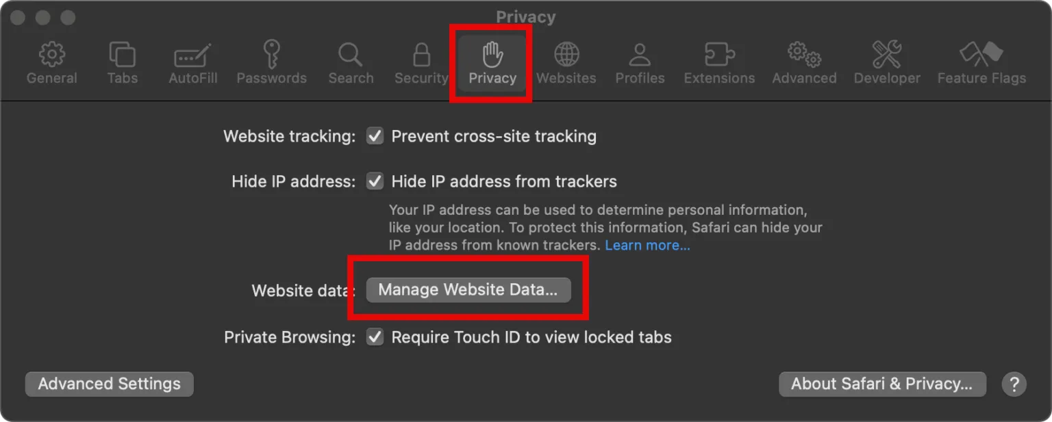 Safari settings on the Privacy tab with Manage Website Data