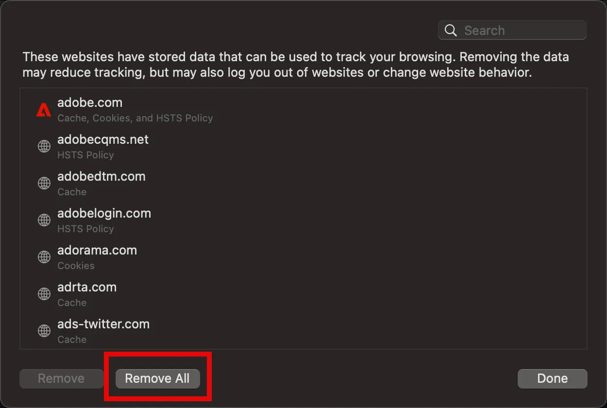 Safari website data list with the Remove All button
