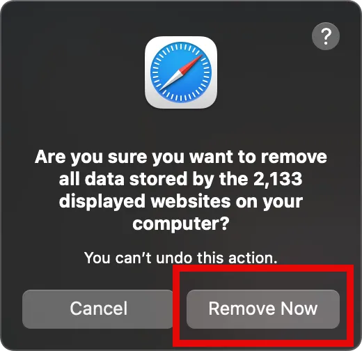Safari confirmation pop-up with the Remove Now button