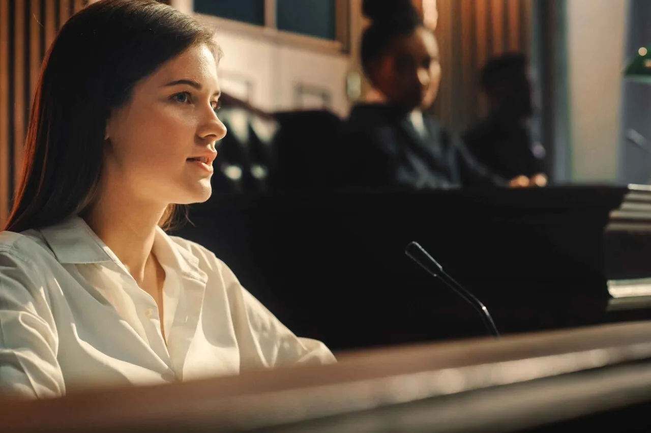 An advocate reviewing case notes on a laptop